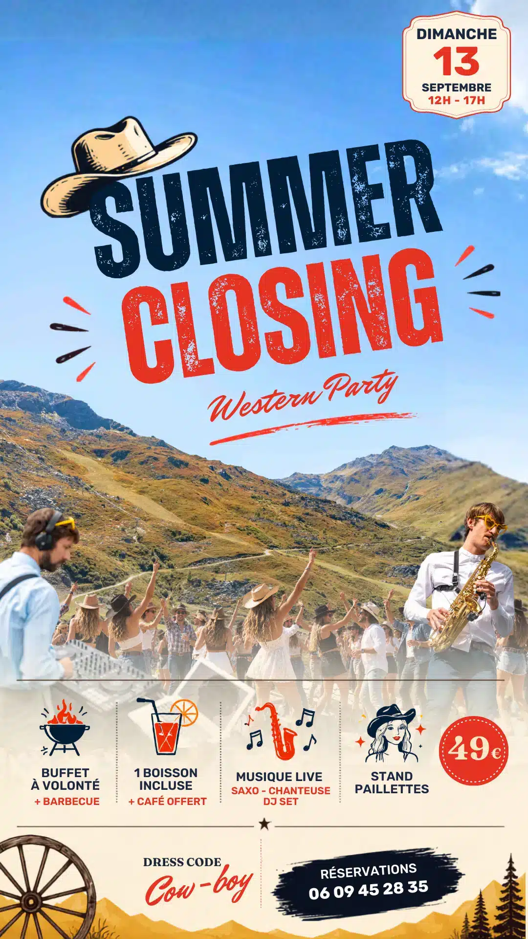 Affiche du Summer Closing Western Party de Chez Pépé Nicolas, dimanche 13 septembre de 12 h à 17 h.