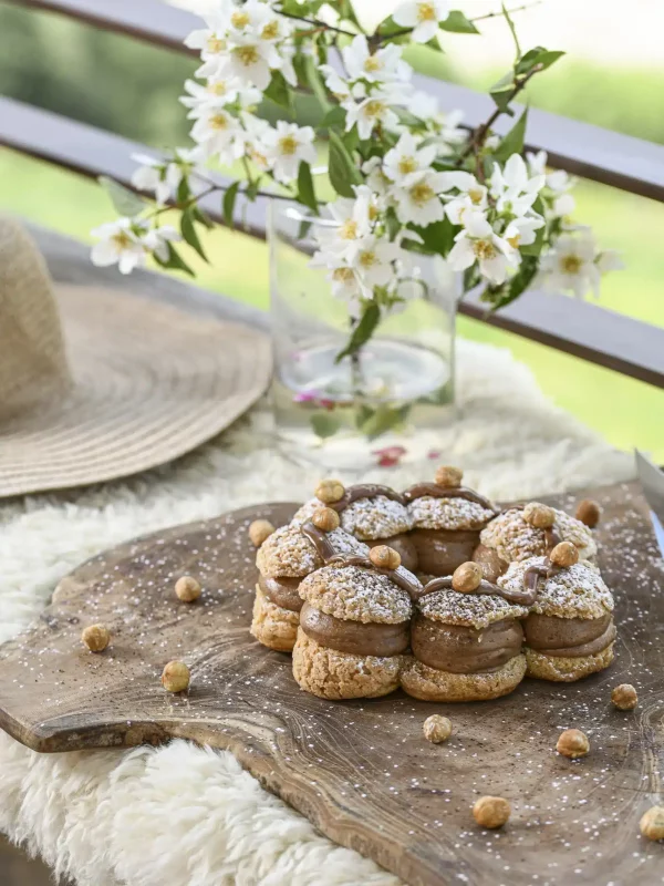 Paris-Brest aux noisettes présenté sur une planche en bois fleurie